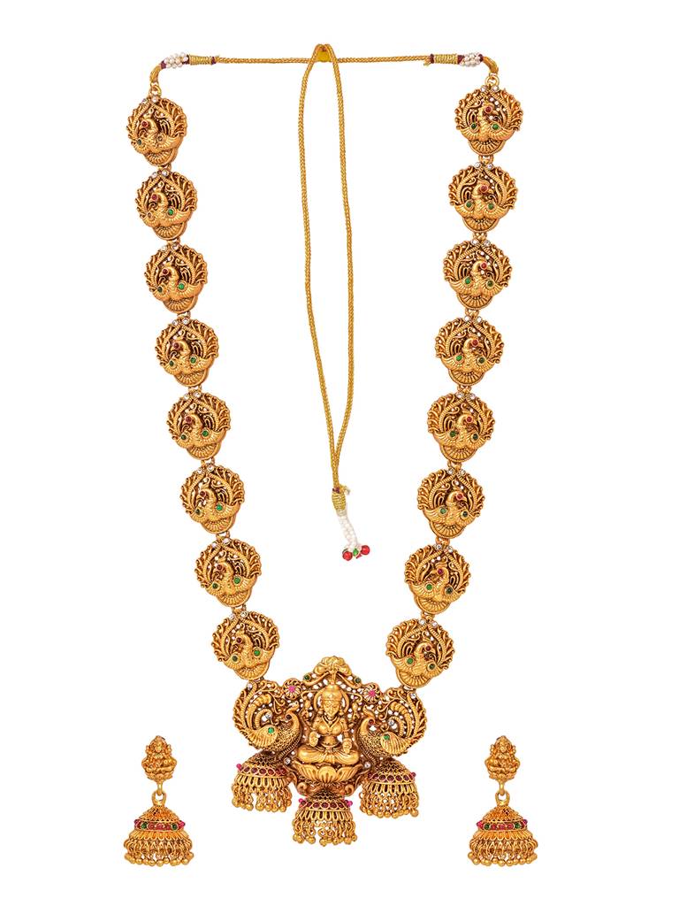 Gold Plated Exquisite Lakshmi Design Haram Temple Jewellery Set With Jhumki Earrings : SJNK1640
