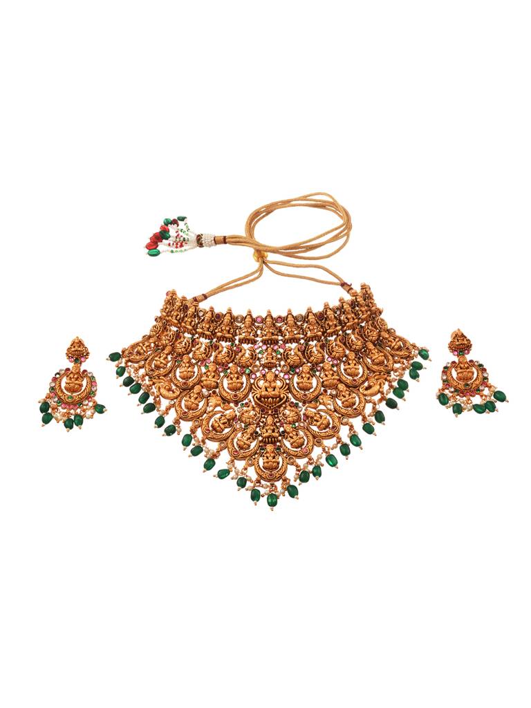 Gold Plated Intricate Temple Design With Dangling Green Beads Choker Jewellery Set : SJNK1641