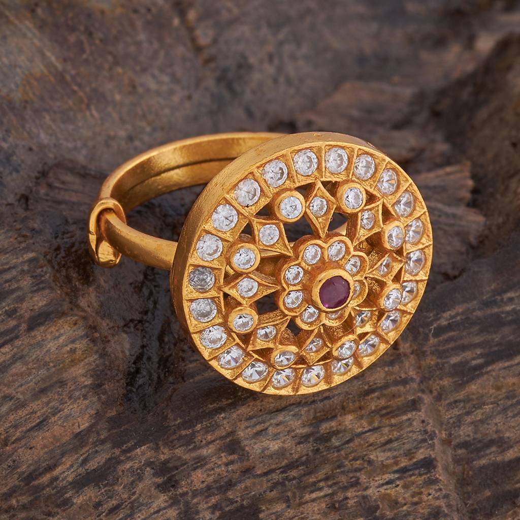Kushal'S Fashion Jewellery Ruby Gold-Plated Ethnic 92.5 Pure Silver Temple Finger Ring - 397829 : 397829