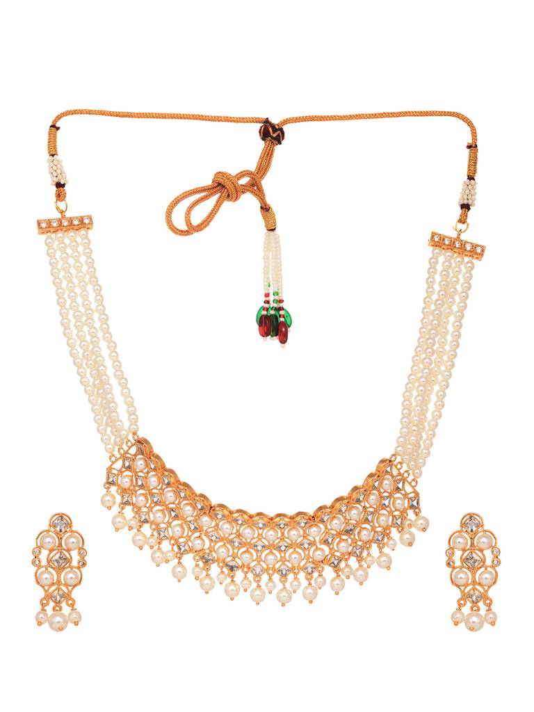 Gold Plated Polki Studded Pearl Beaded Intricate Choker Jewellery Set : SJNK1654