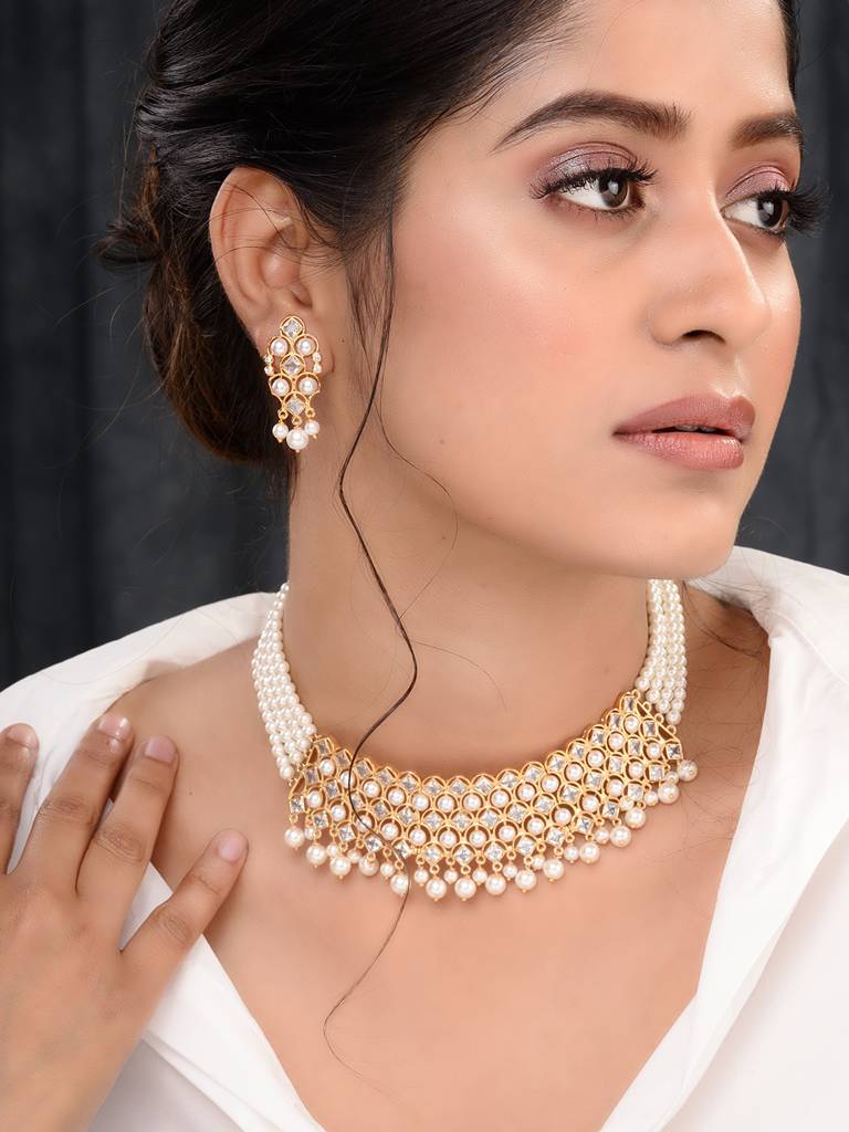 Gold Plated Polki Studded Pearl Beaded Intricate Choker Jewellery Set : SJNK1654