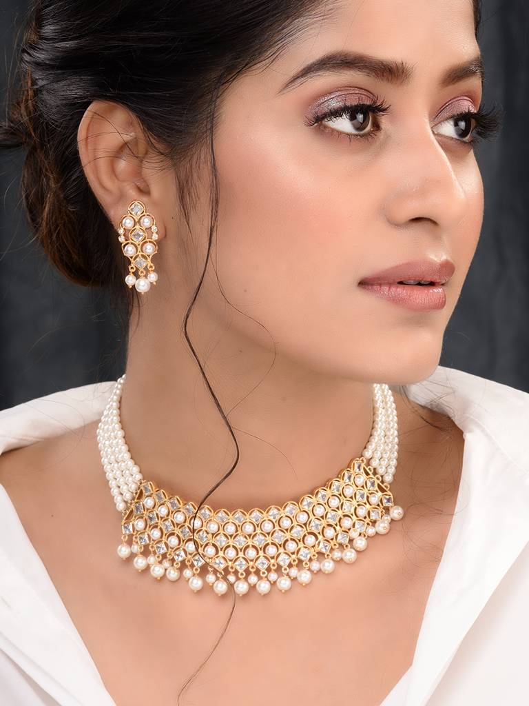 Gold Plated Polki Studded Pearl Beaded Intricate Choker Jewellery Set : SJNK1654