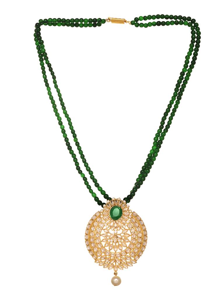 Gold Plated Polki Studded With Green Beads Maala Necklace Set : SJNK1656