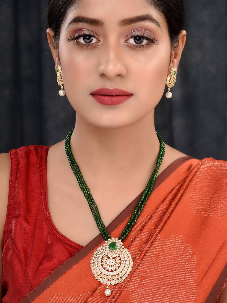 Gold Plated Polki Studded With Green Beads Maala Necklace Set : SJNK1656