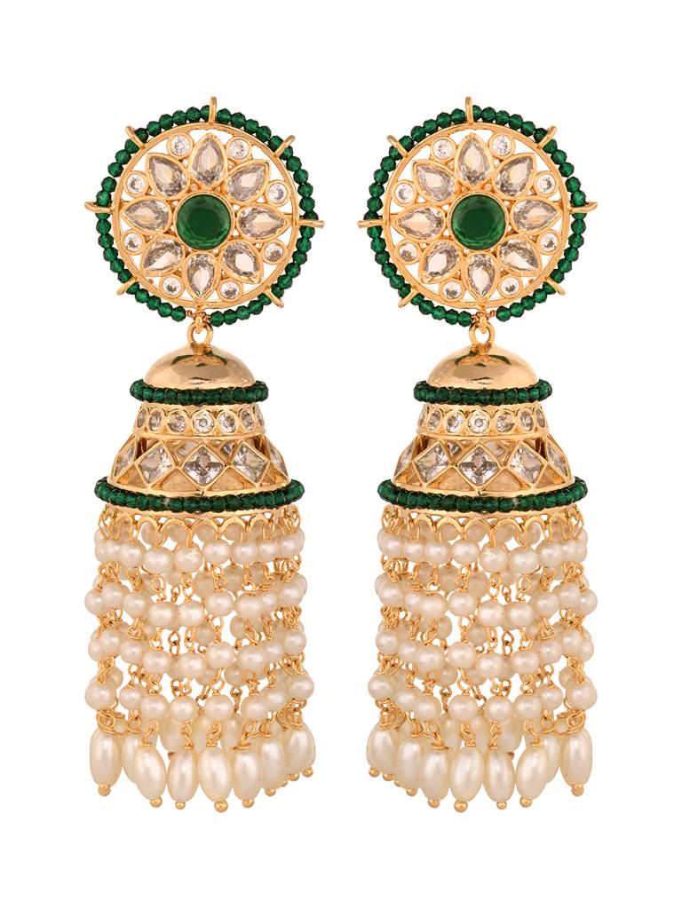 Gold Plated Polki Studded Pearl Drops Jhumka Earrings : SJER1657