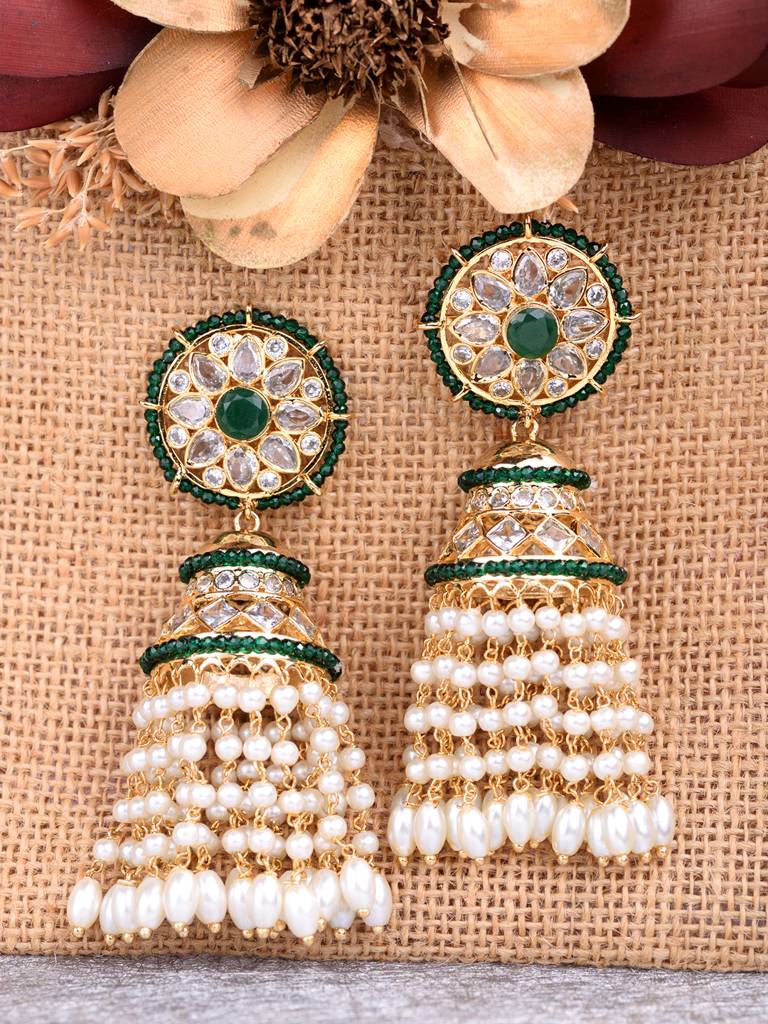 Gold Plated Polki Studded Pearl Drops Jhumka Earrings : SJER1657
