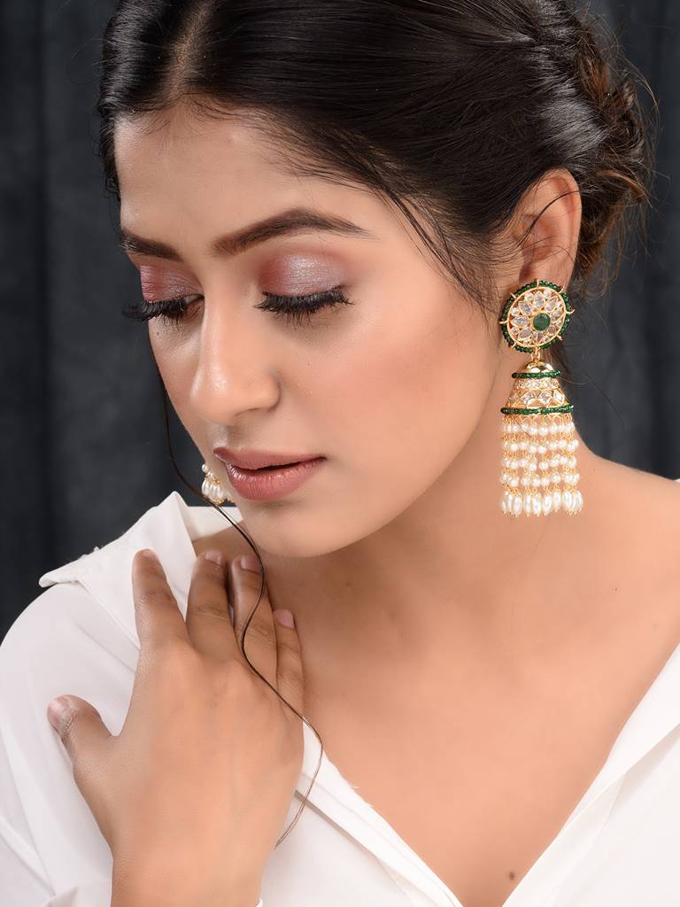 Gold Plated Polki Studded Pearl Drops Jhumka Earrings : SJER1657