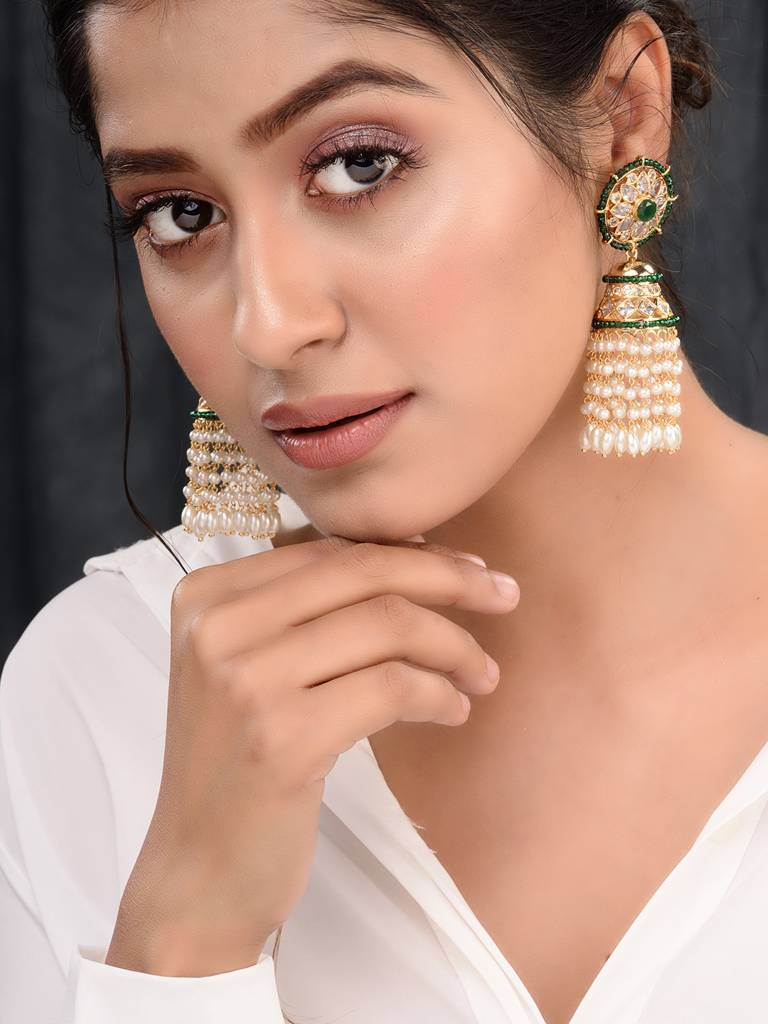 Gold Plated Polki Studded Pearl Drops Jhumka Earrings : SJER1657