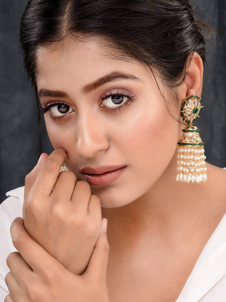 Gold Plated Polki Studded Pearl Drops Jhumka Earrings : SJER1657