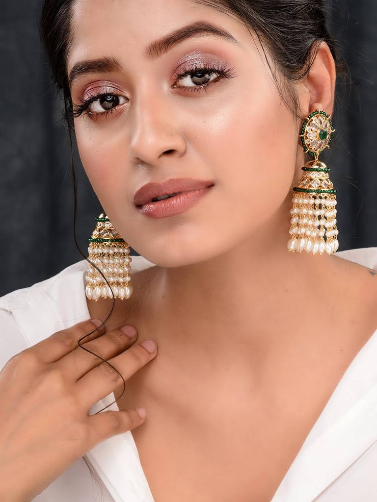 Gold Plated Polki Studded Pearl Drops Jhumka Earrings : SJER1657