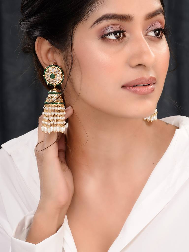 Gold Plated Polki Studded Pearl Drops Jhumka Earrings : SJER1657