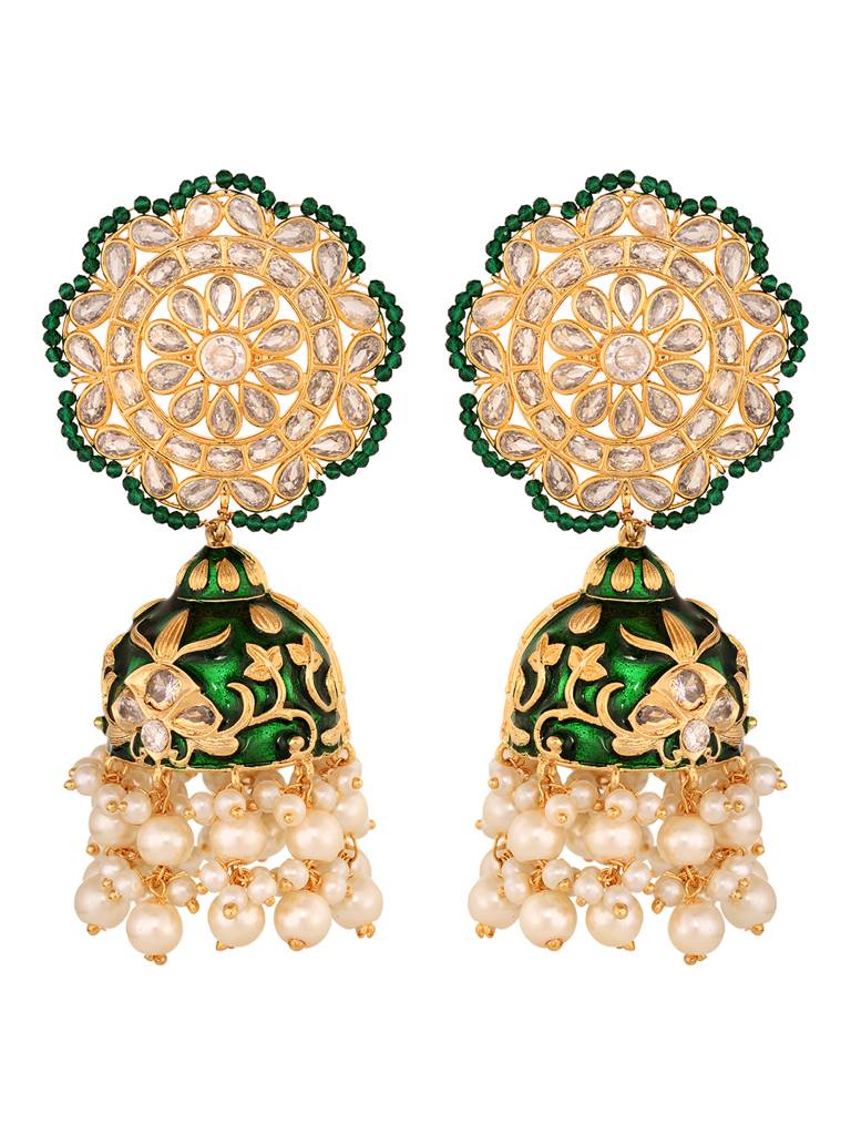 Gold Plated Polki Studded Green Meenakari Pearl Drops Earrings : SJER1658