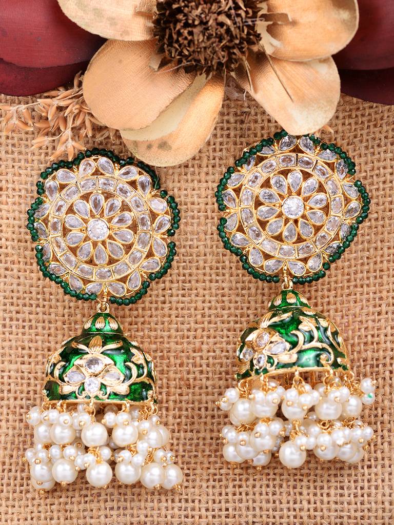 Gold Plated Polki Studded Green Meenakari Pearl Drops Earrings : SJER1658