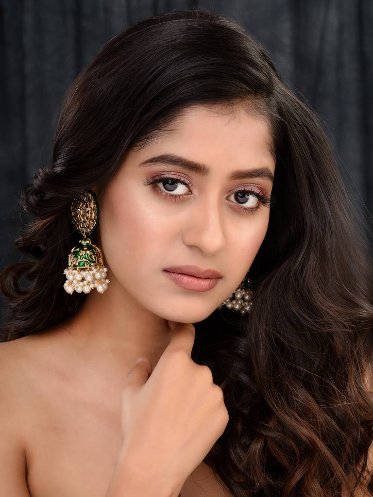 Gold Plated Polki Studded Green Meenakari Pearl Drops Earrings : SJER1658