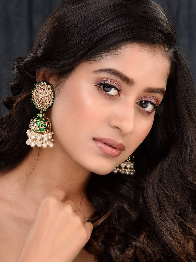 Gold Plated Polki Studded Green Meenakari Pearl Drops Earrings : SJER1658