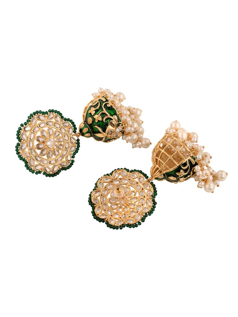 Gold Plated Polki Studded Green Meenakari Pearl Drops Earrings : SJER1658