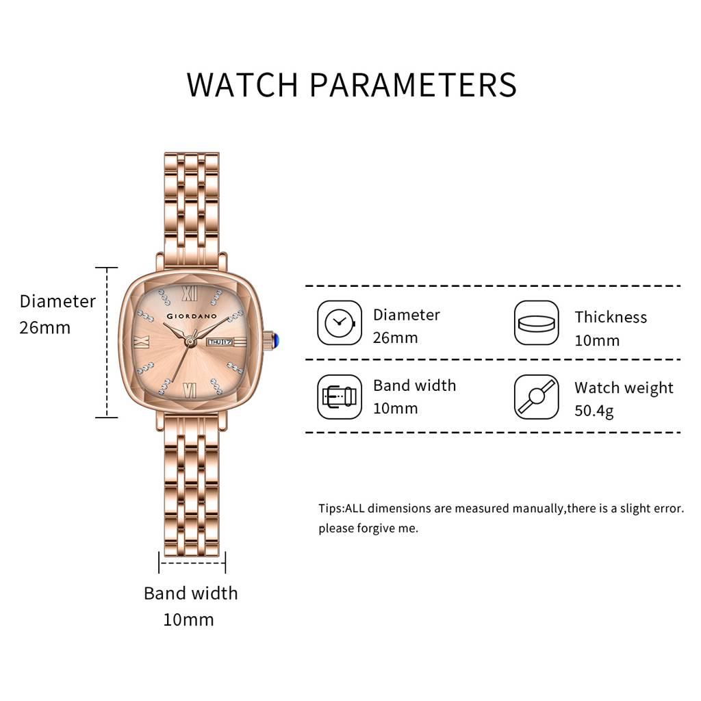 Giordano Elegant Square Rose Gold Watch For Women Â Crystal & Roman Hour Markers, Day-Date Display, Stainless  : GZ-60097-22