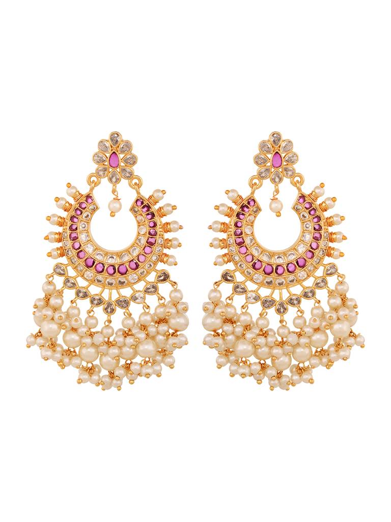 Gold Plated Pink Ad Studded Peals Drops Chandbali Earrings : SJER1660