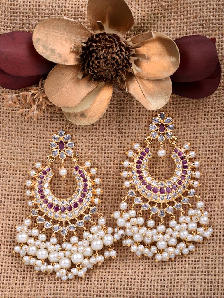 Gold Plated Pink Ad Studded Peals Drops Chandbali Earrings : SJER1660