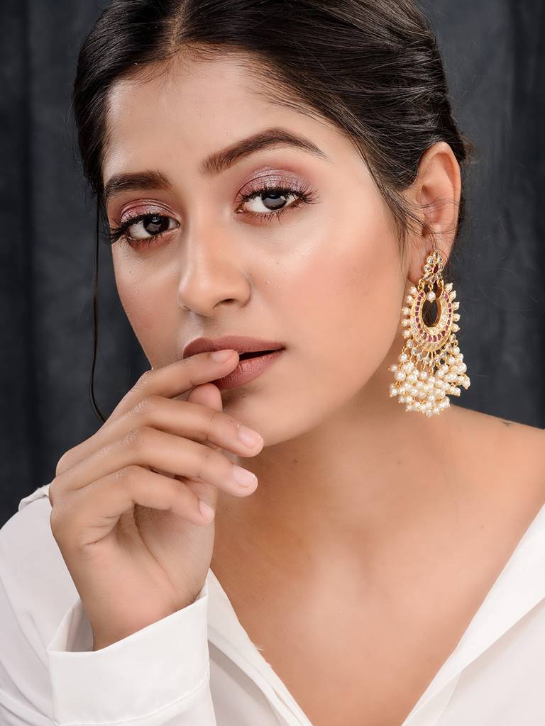 Gold Plated Pink Ad Studded Peals Drops Chandbali Earrings : SJER1660