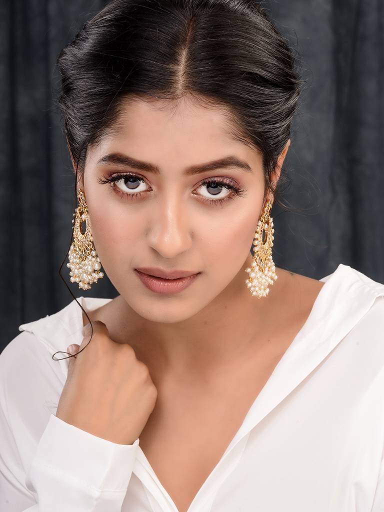 Gold Plated Pink Ad Studded Peals Drops Chandbali Earrings : SJER1660