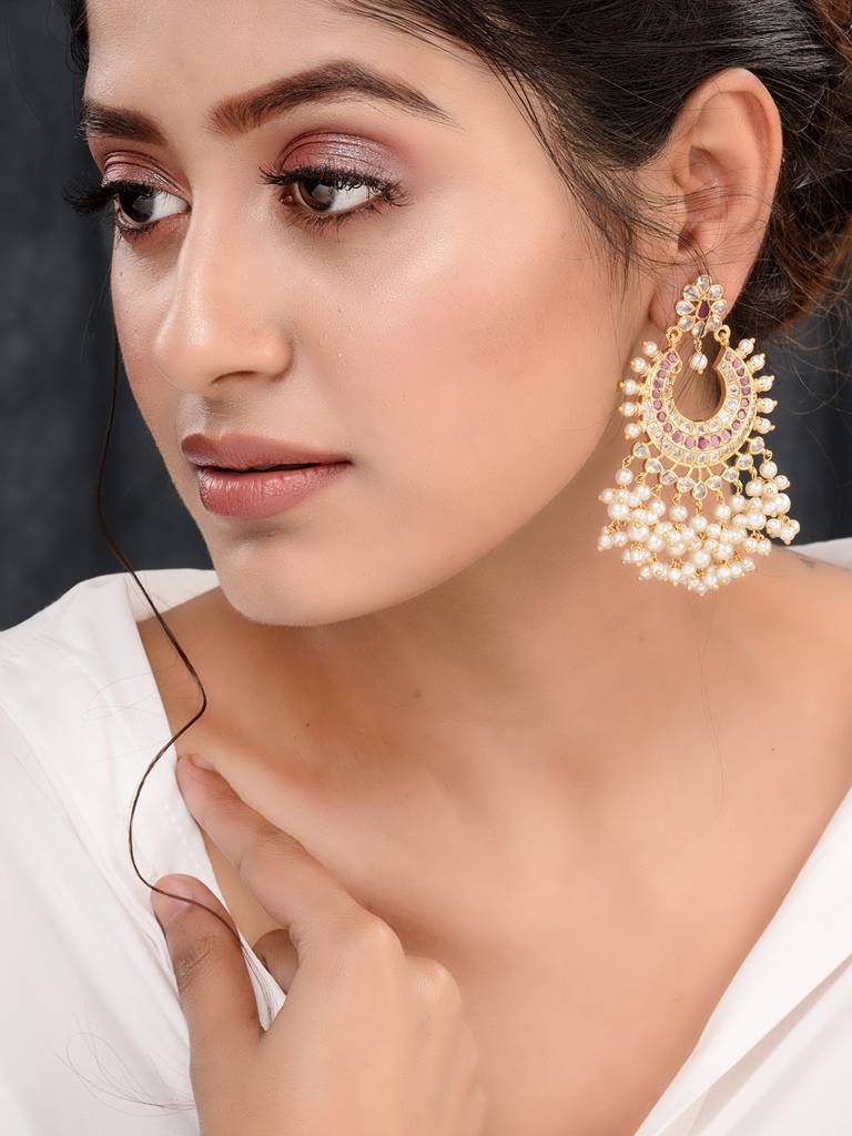 Gold Plated Pink Ad Studded Peals Drops Chandbali Earrings : SJER1660
