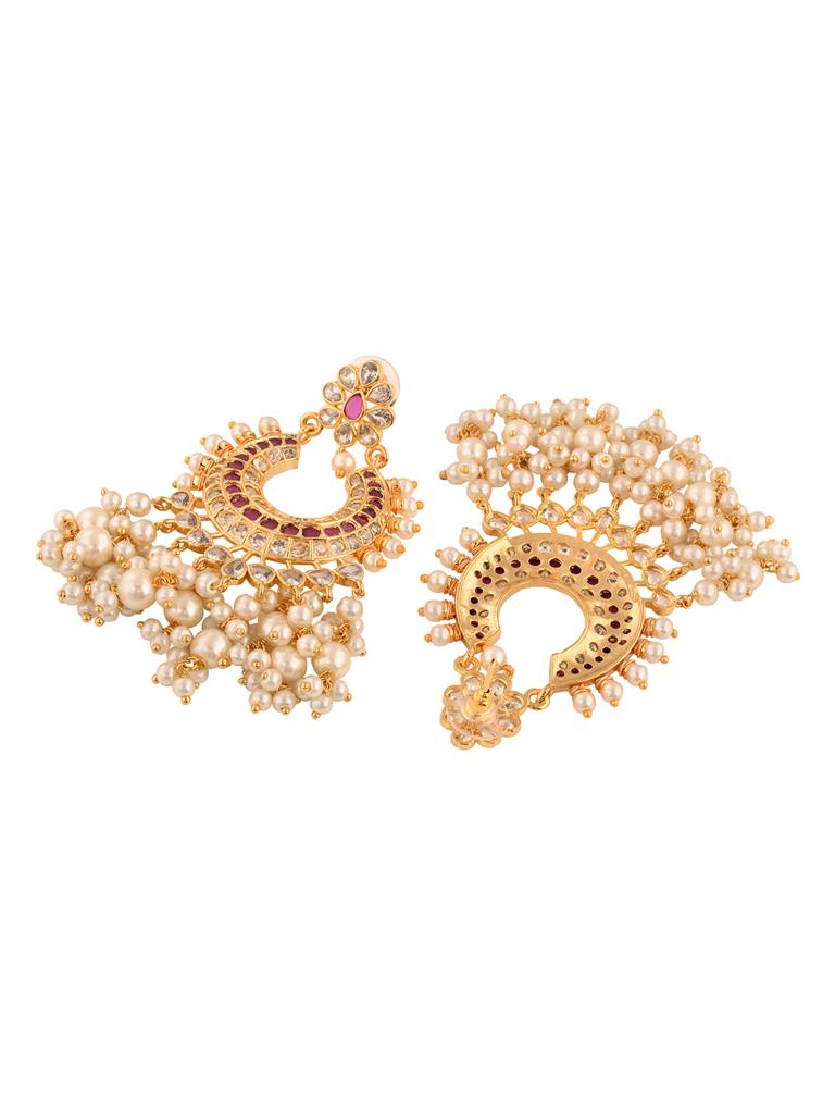 Gold Plated Pink Ad Studded Peals Drops Chandbali Earrings : SJER1660