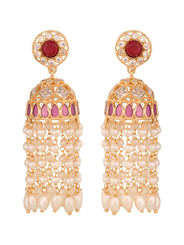 Gold Plated Red Ad Studded Pearl Dops Jhumka Earrings : SJER1661