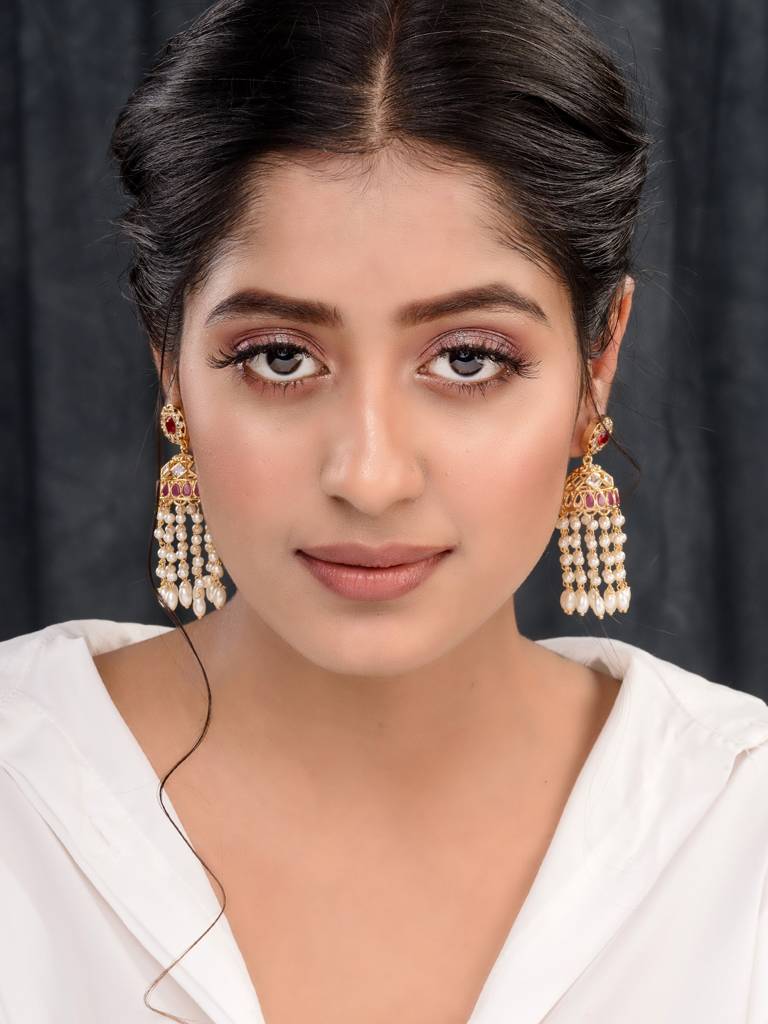 Gold Plated Red Ad Studded Pearl Dops Jhumka Earrings : SJER1661