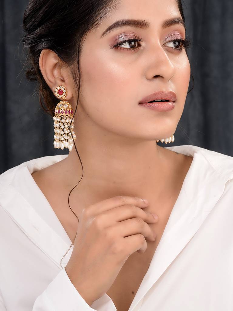 Gold Plated Red Ad Studded Pearl Dops Jhumka Earrings : SJER1661