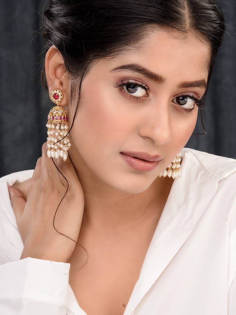 Gold Plated Red Ad Studded Pearl Dops Jhumka Earrings : SJER1661