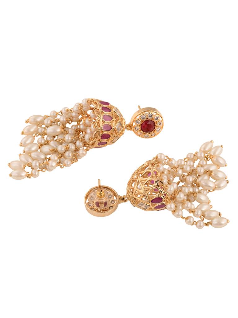 Gold Plated Red Ad Studded Pearl Dops Jhumka Earrings : SJER1661