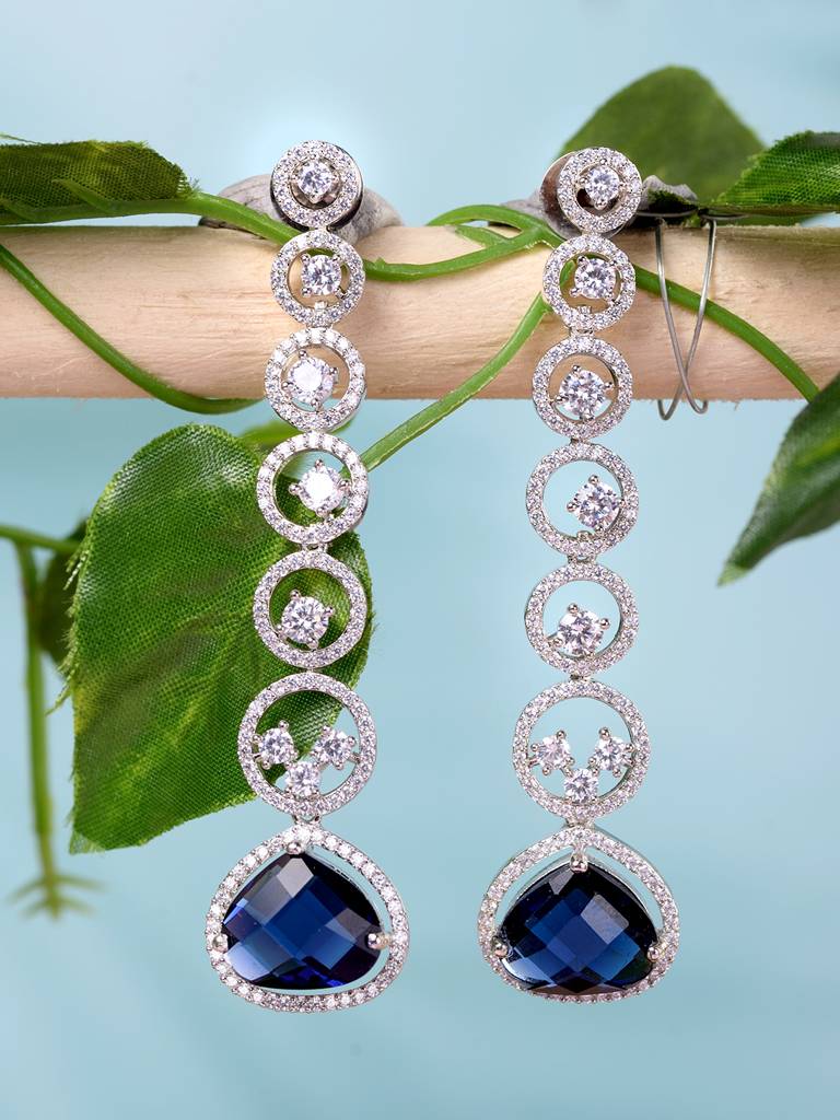 White Rhodium Plated Blue Ad Studded Drop Earrings : SJER1662