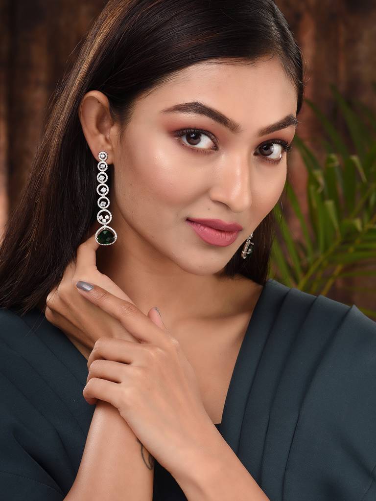 White Rhodium Plated Blue Ad Studded Drop Earrings : SJER1662
