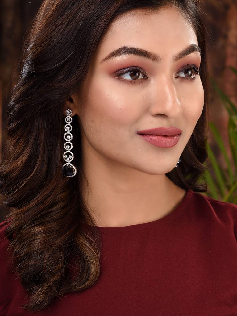 White Rhodium Plated Blue Ad Studded Drop Earrings : SJER1662