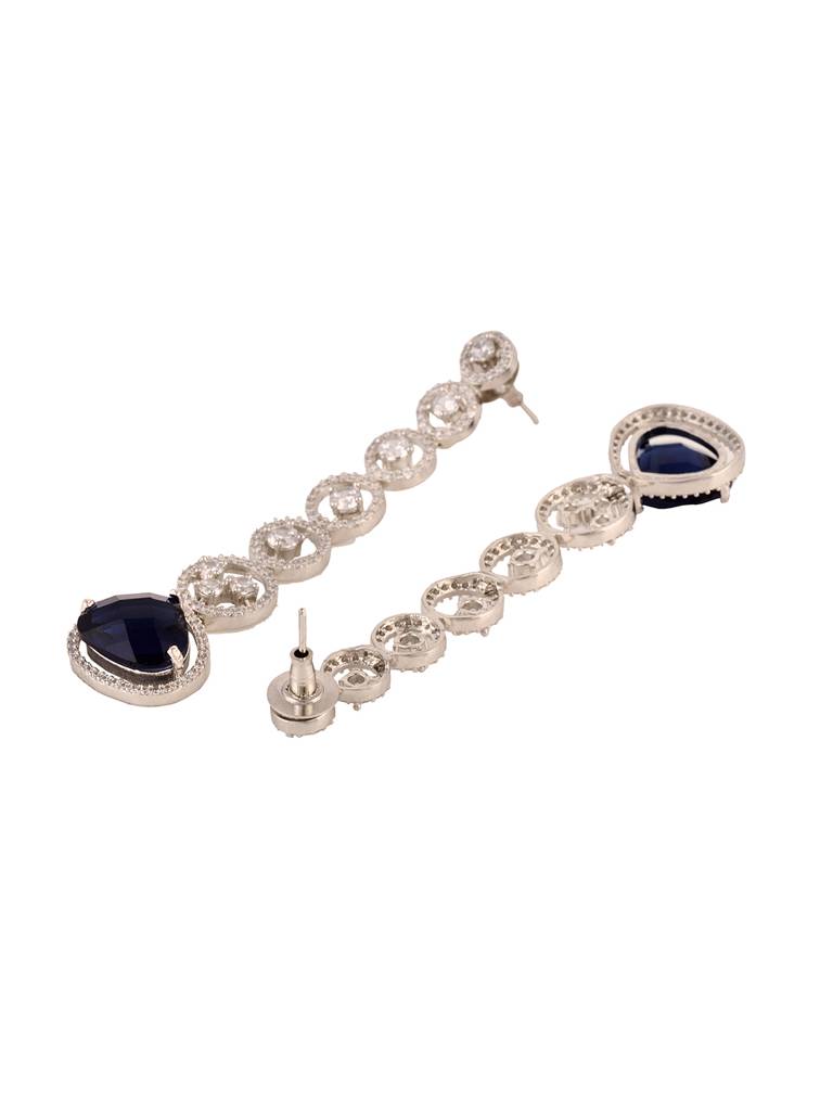White Rhodium Plated Blue Ad Studded Drop Earrings : SJER1662
