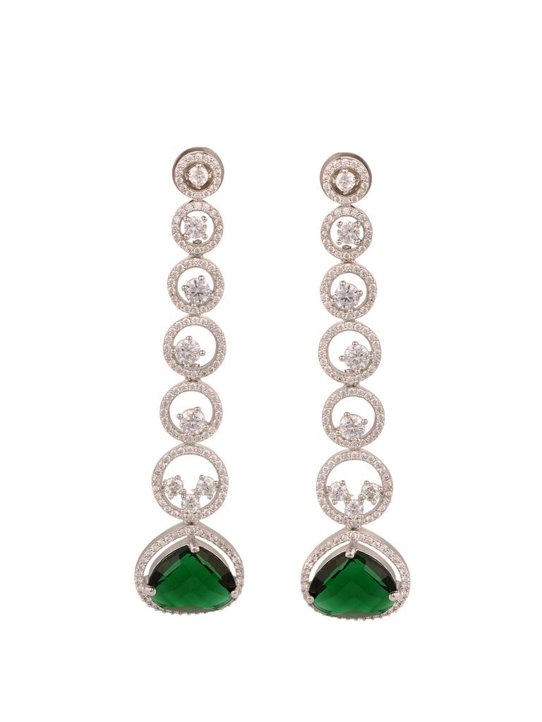 White Rhodium Plated Green Ad Studded Drop Earrings : SJER1663