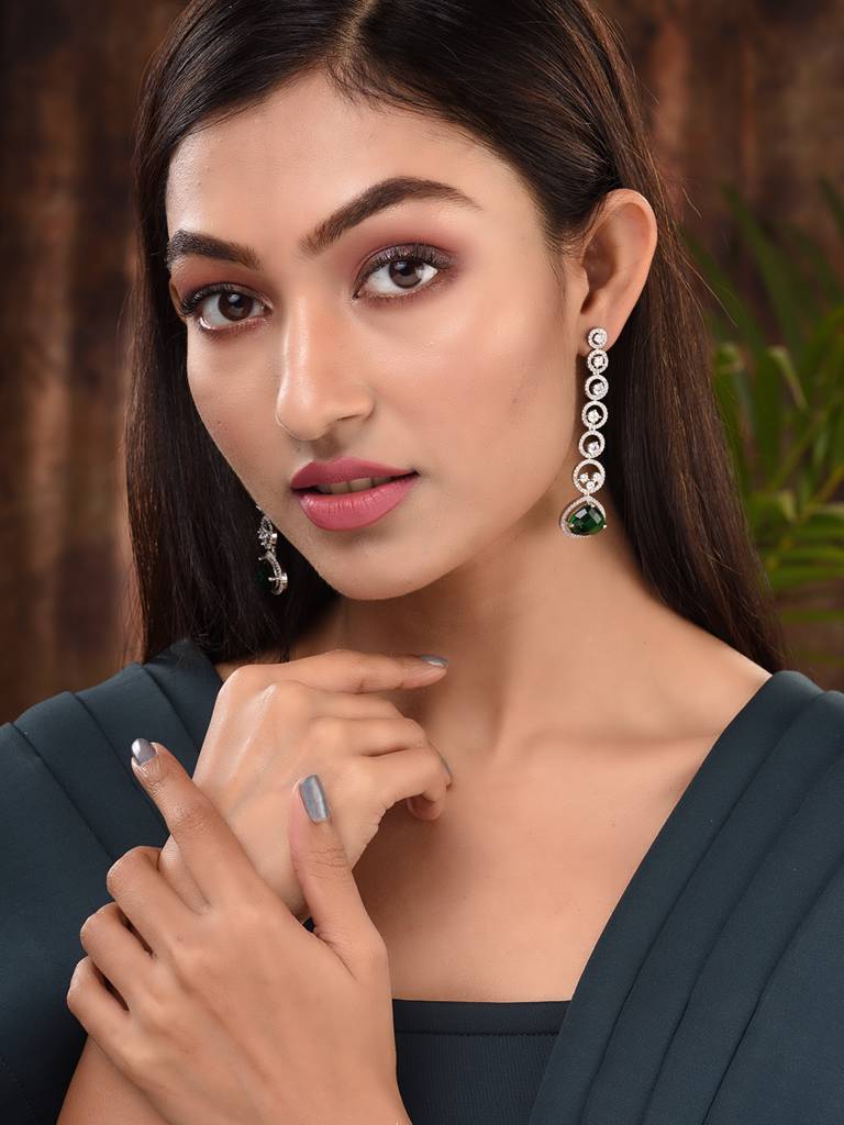 White Rhodium Plated Green Ad Studded Drop Earrings : SJER1663