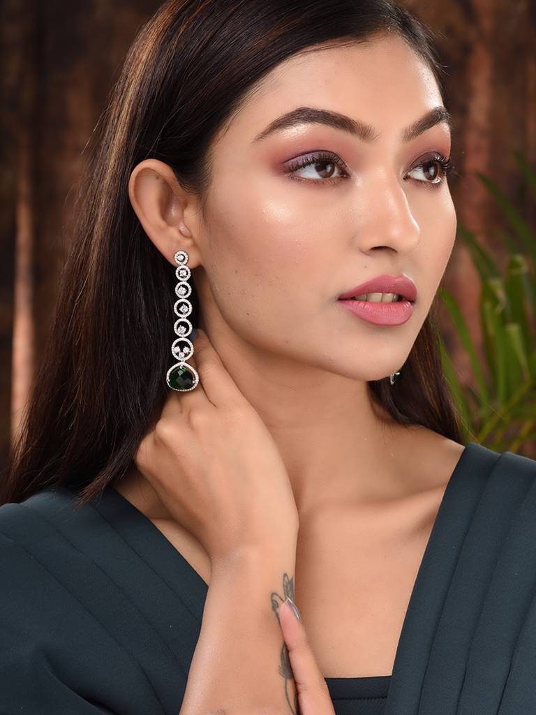 White Rhodium Plated Green Ad Studded Drop Earrings : SJER1663