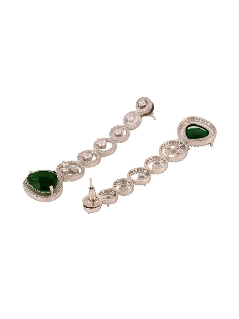 White Rhodium Plated Green Ad Studded Drop Earrings : SJER1663