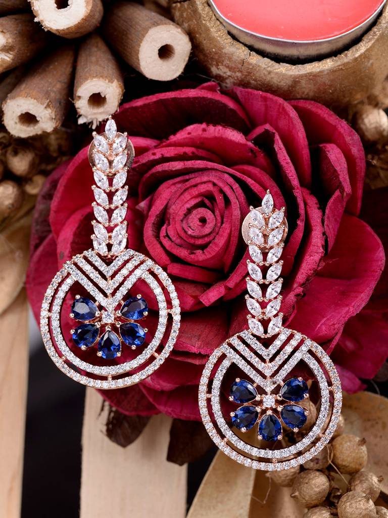 Rosegold Plated Blue Ad Studded Drop Earrings : SJER1665