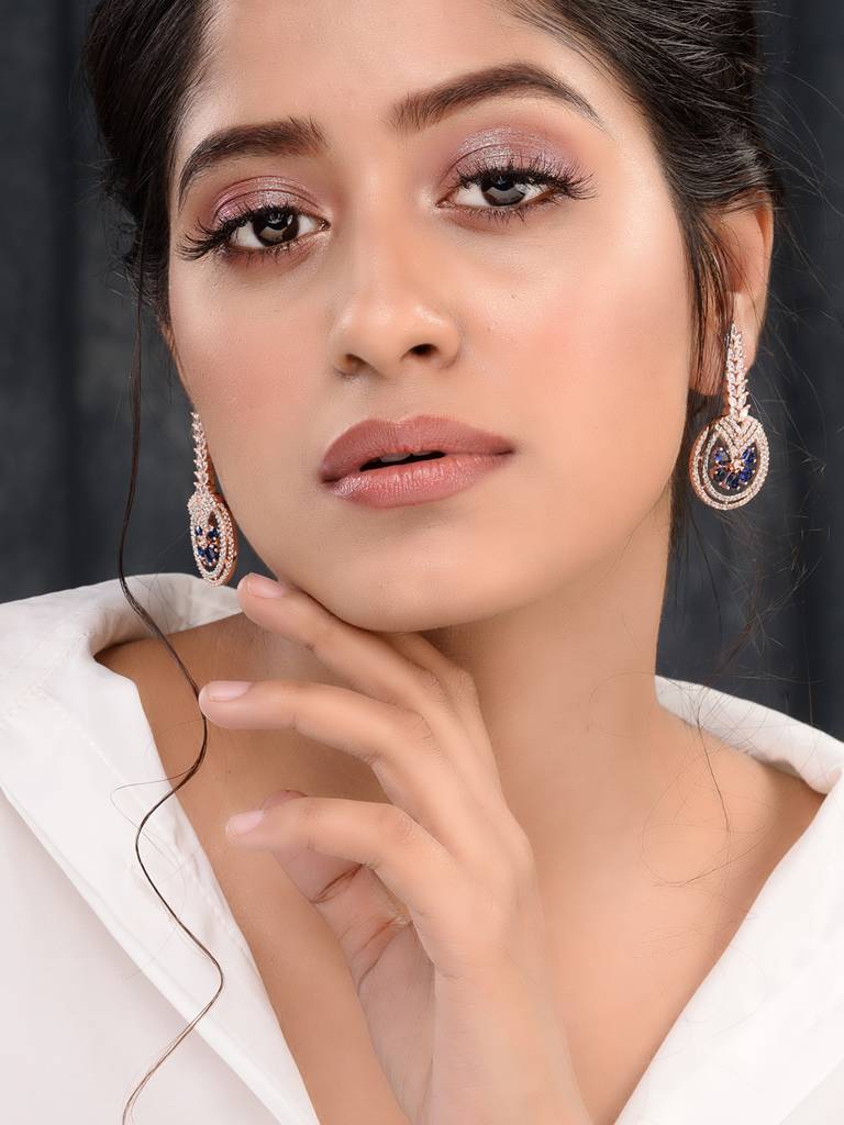 Rosegold Plated Blue Ad Studded Drop Earrings : SJER1665
