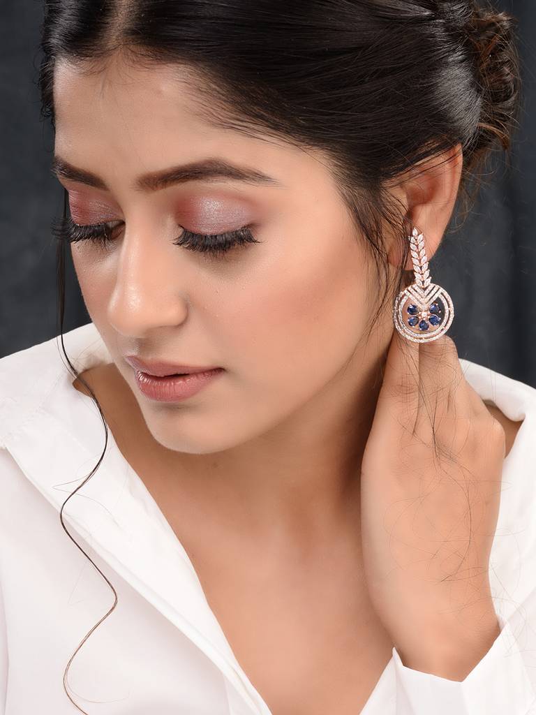 Rosegold Plated Blue Ad Studded Drop Earrings : SJER1665
