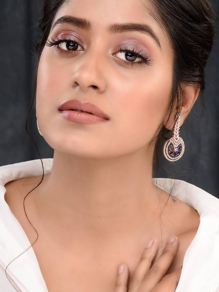 Rosegold Plated Blue Ad Studded Drop Earrings : SJER1665