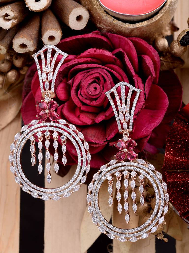 Eternz Certified Jewellery - Saraf RS Jewellery Rosegold Plated Red Ad Studded Drop Earrings (Free Size)