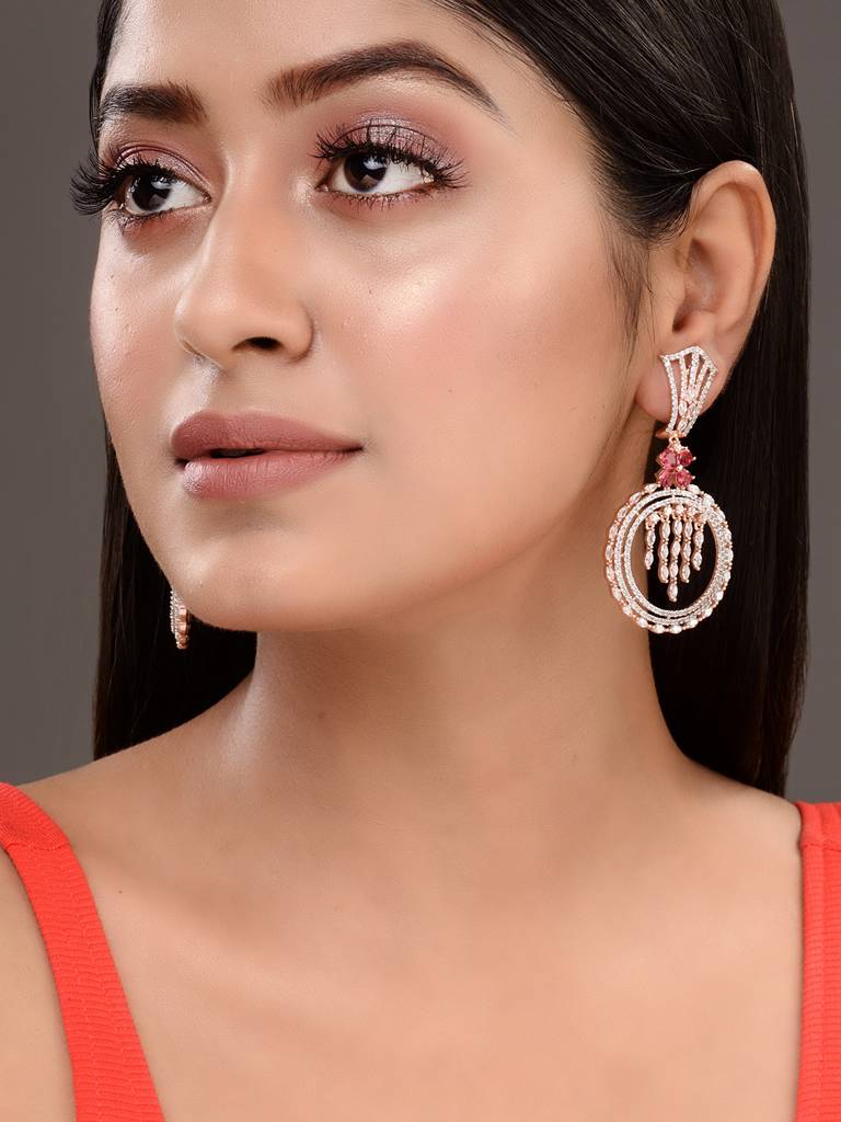 Rosegold Plated Red Ad Studded Drop Earrings : SJER1666