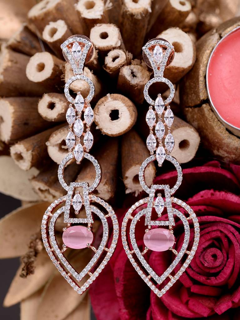 Rosegold Plated Pink Ad Studded Drop Earrings : SJER1667