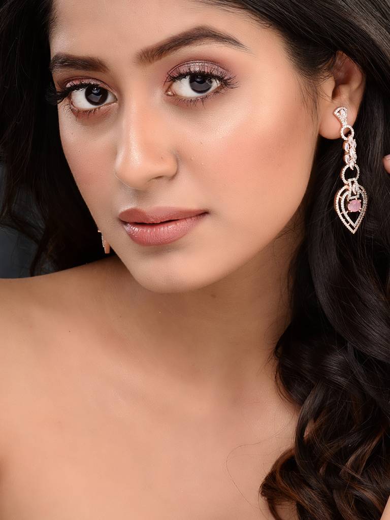 Rosegold Plated Pink Ad Studded Drop Earrings : SJER1667