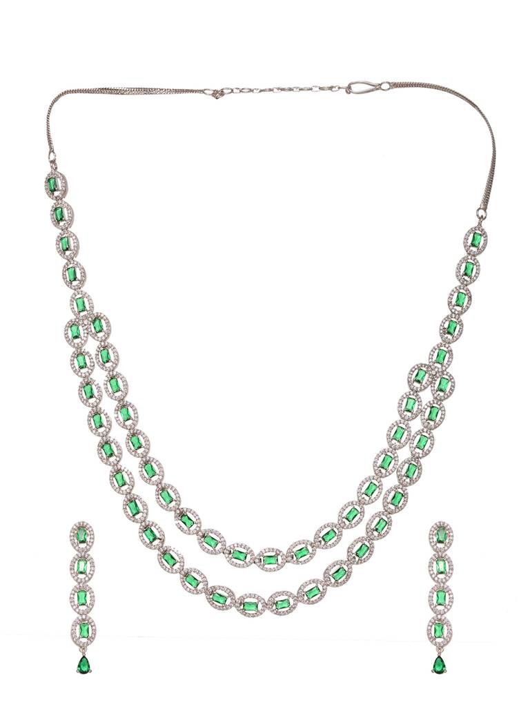 White Rhodium Plated Green Ad Studded Necklace With Earrings Jewellery Set : SJNK1669