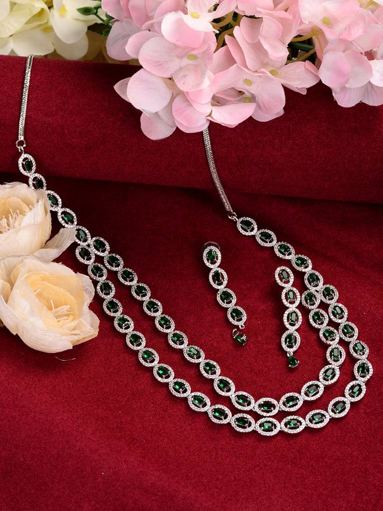 White Rhodium Plated Green Ad Studded Necklace With Earrings Jewellery Set : SJNK1669